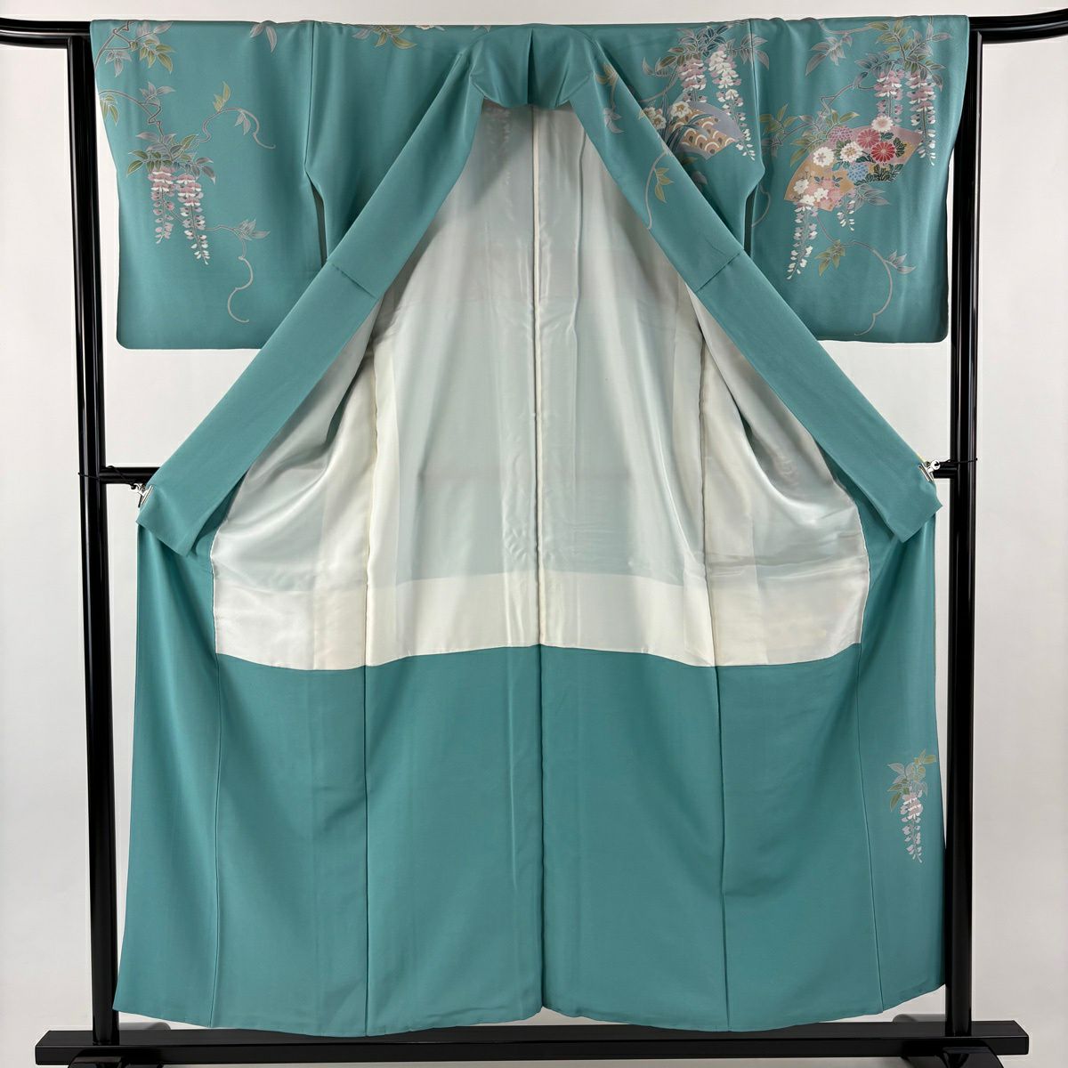 訪問服 身長155.5cm 袖長63cm S 雙層 落款 菊花 藤 金絲 金銀彩 水色 純蠶絲 名品級