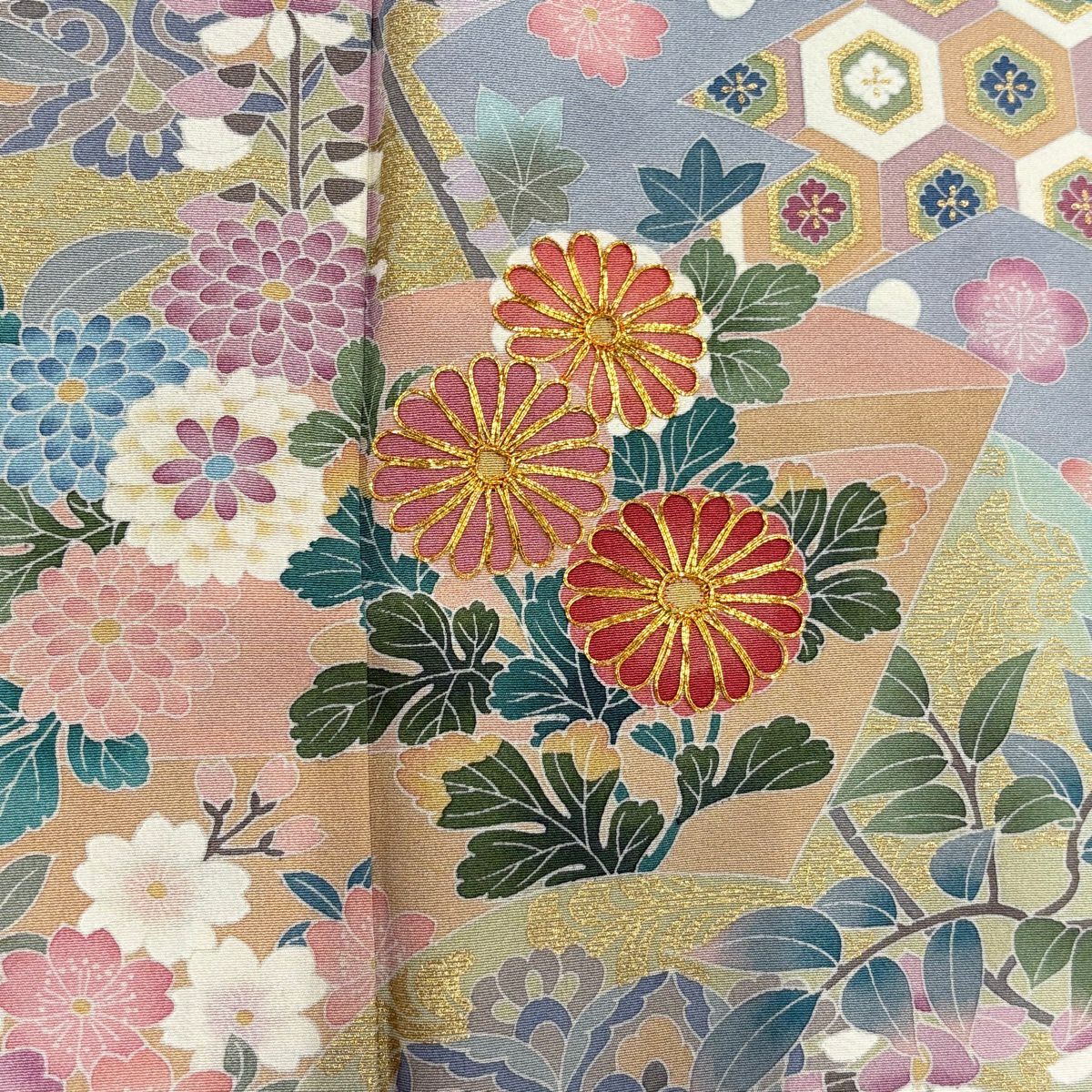 訪問服 身長155.5cm 袖長63cm S 雙層 落款 菊花 藤 金絲 金銀彩 水色 純蠶絲 名品級