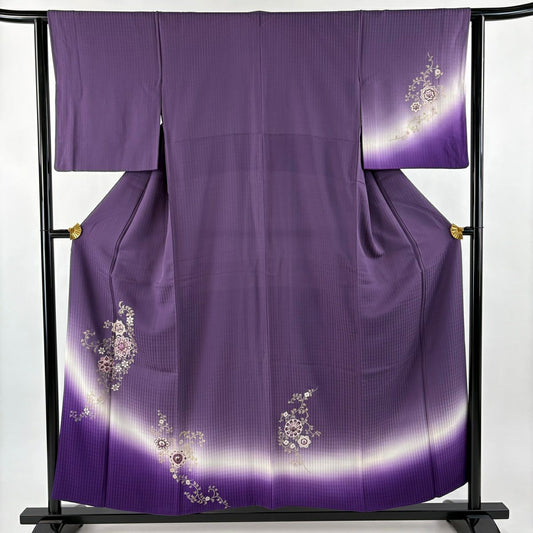 付下 身長156.5cm 袖長62cm S 雙層 華紋 花唐草紋 金彩裝飾 刺繡 紫 純蠶絲 名品級