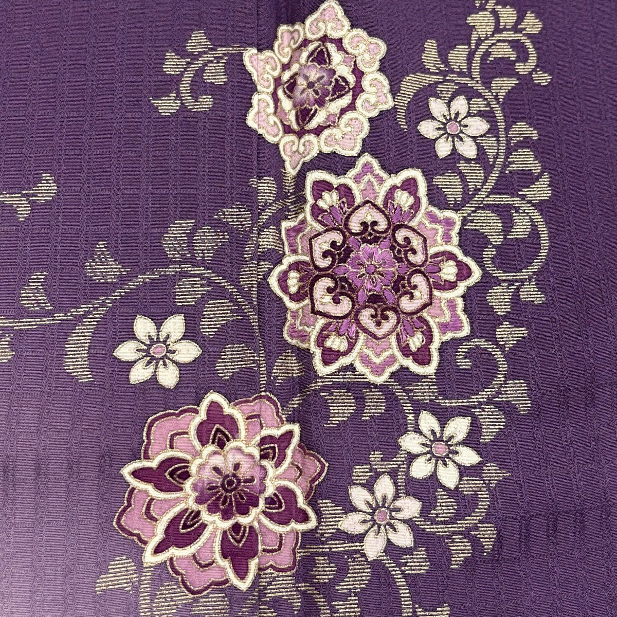 付下 身長156.5cm 袖長62cm S 雙層 華紋 花唐草紋 金彩裝飾 刺繡 紫 純蠶絲 名品級