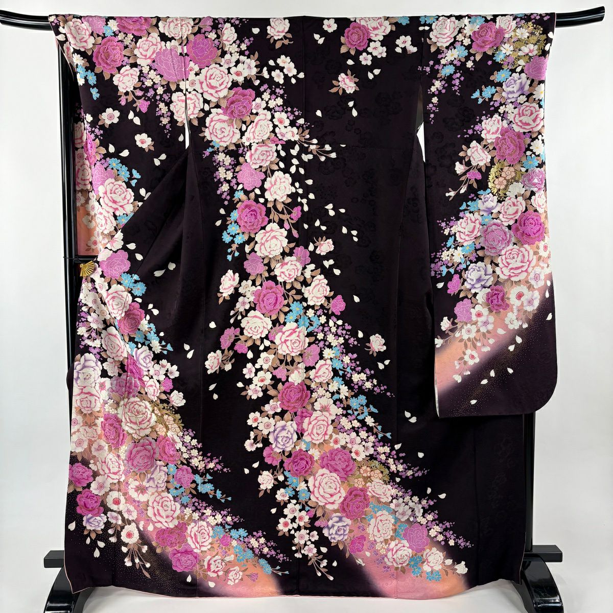 振袖禮服 身長169cm 袖長70cm L 雙層 薔薇 草花紋紋 金銀彩 金金箔 茶紫 純蠶絲 名品級