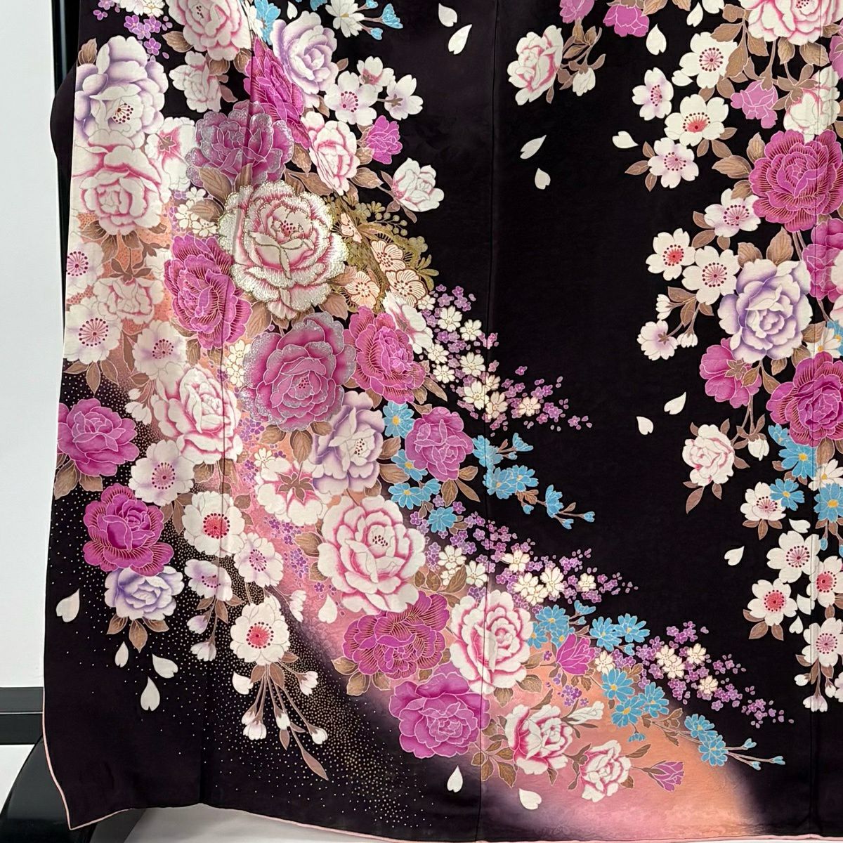 振袖禮服 身長169cm 袖長70cm L 雙層 薔薇 草花紋紋 金銀彩 金金箔 茶紫 純蠶絲 名品級