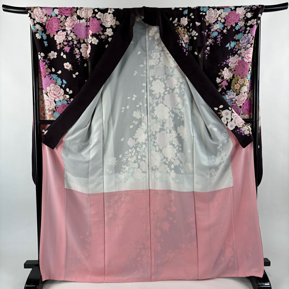 振袖禮服 身長169cm 袖長70cm L 雙層 薔薇 草花紋紋 金銀彩 金金箔 茶紫 純蠶絲 名品級