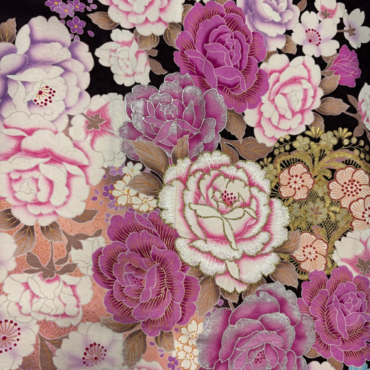 振袖禮服 身長169cm 袖長70cm L 雙層 薔薇 草花紋紋 金銀彩 金金箔 茶紫 純蠶絲 名品級