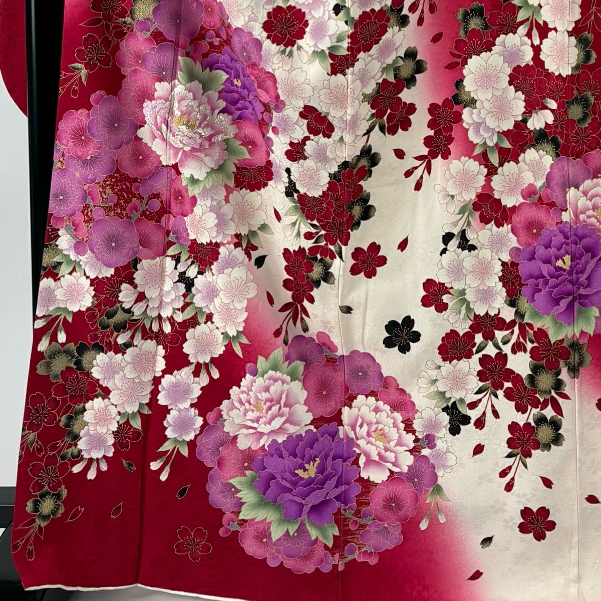 振袖禮服 身長169cm 袖長70cm L 雙層 牡丹 櫻花 金銀彩 金金箔 深粉紅 純蠶絲 名品級