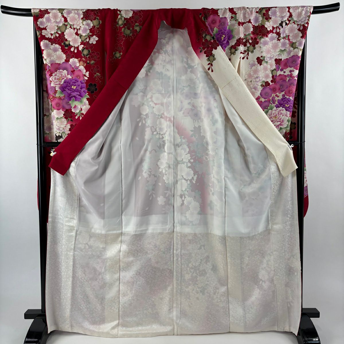 振袖禮服 身長169cm 袖長70cm L 雙層 牡丹 櫻花 金銀彩 金金箔 深粉紅 純蠶絲 名品級