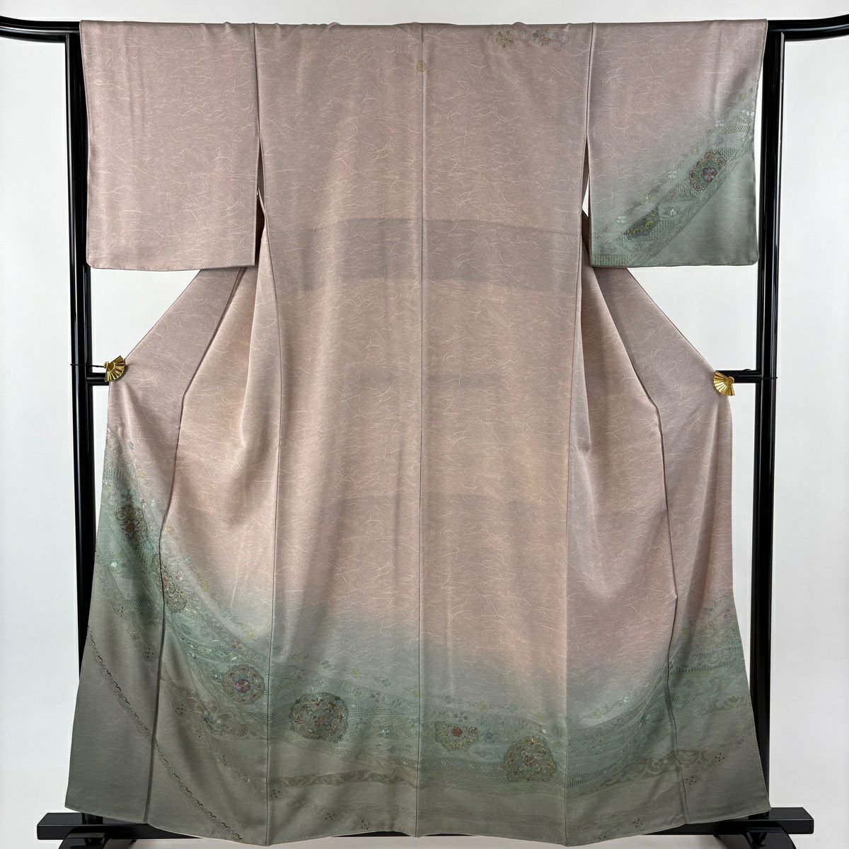 訪問服 身長159.5cm 袖長65.5cm M 雙層 華紋 花唐草紋 刺繡 金糸 灰櫻 純蠶絲 名品級 一つ紋