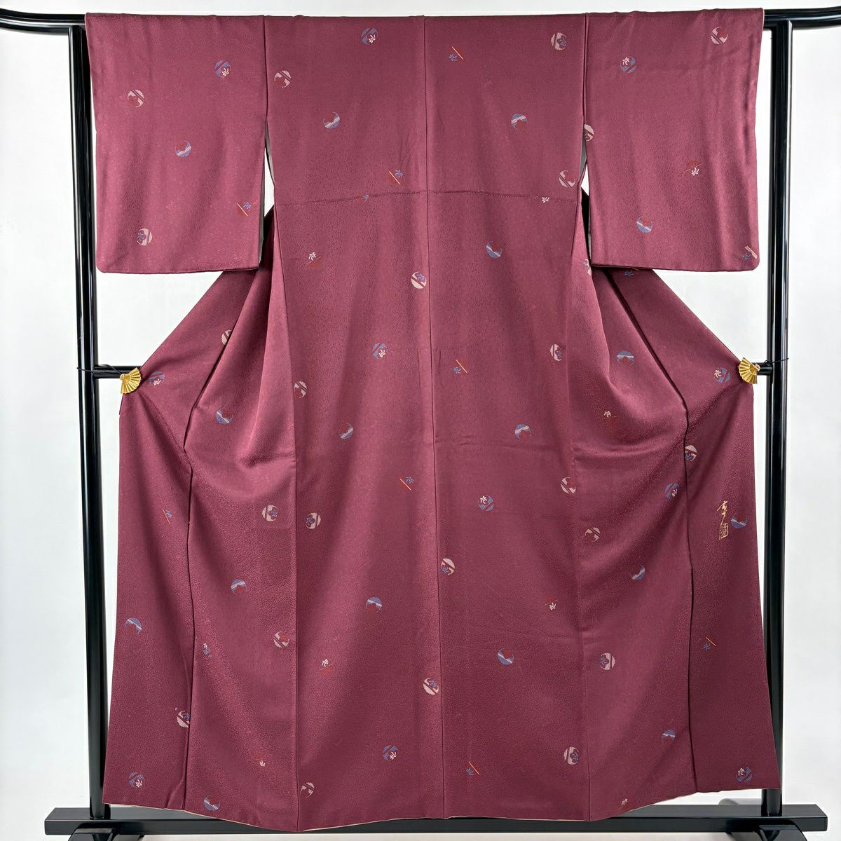 小紋 身長157.5cm 袖長62cm S 雙層 大久保玄才 落款 鞠 地紋 紫 純蠶絲 名品級