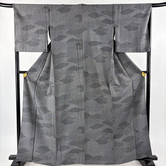 【美品】 江戶小紋 身長163.5cm 袖長67cm M 單層 寄紋 雲紋 黑灰 純蠶絲 名品級