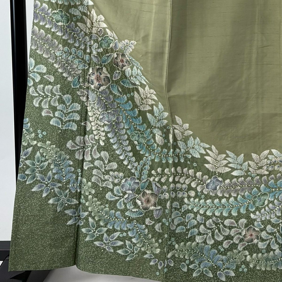 訪問服 身長166.5cm 袖長65cm M 單層 紬織織 落款あり 辻花染 漸層 灰綠 純蠶絲 名品級