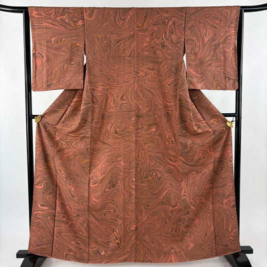 【美品】 小紋 身長163.5cm 袖長63.5cm S 雙層 墨流 紅茶 純蠶絲 名品級