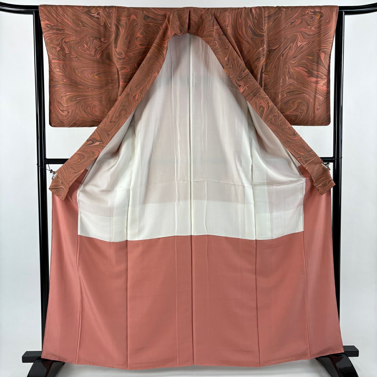 【美品】 小紋 身長163.5cm 袖長63.5cm S 雙層 墨流 紅茶 純蠶絲 名品級