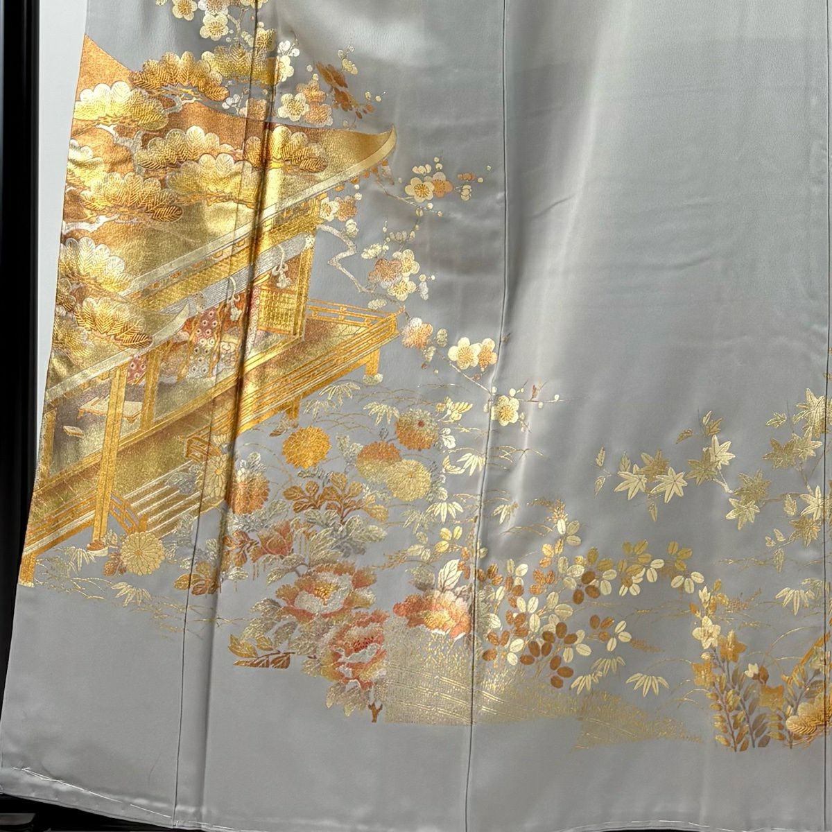 灰色留袖禮服 身長160cm 袖長64.5cm M 雙層 和田光正 落款あり 建物 松樹竹子梅花 金銀彩 純蠶絲 名品級 一つ紋