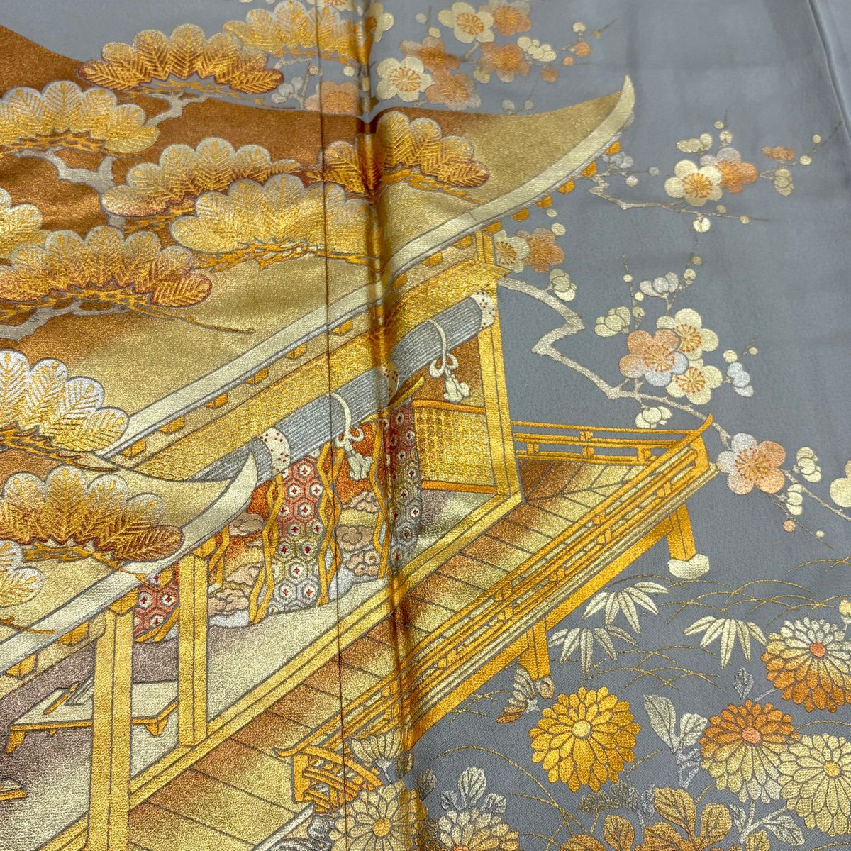 灰色留袖禮服 身長160cm 袖長64.5cm M 雙層 和田光正 落款あり 建物 松樹竹子梅花 金銀彩 純蠶絲 名品級 一つ紋