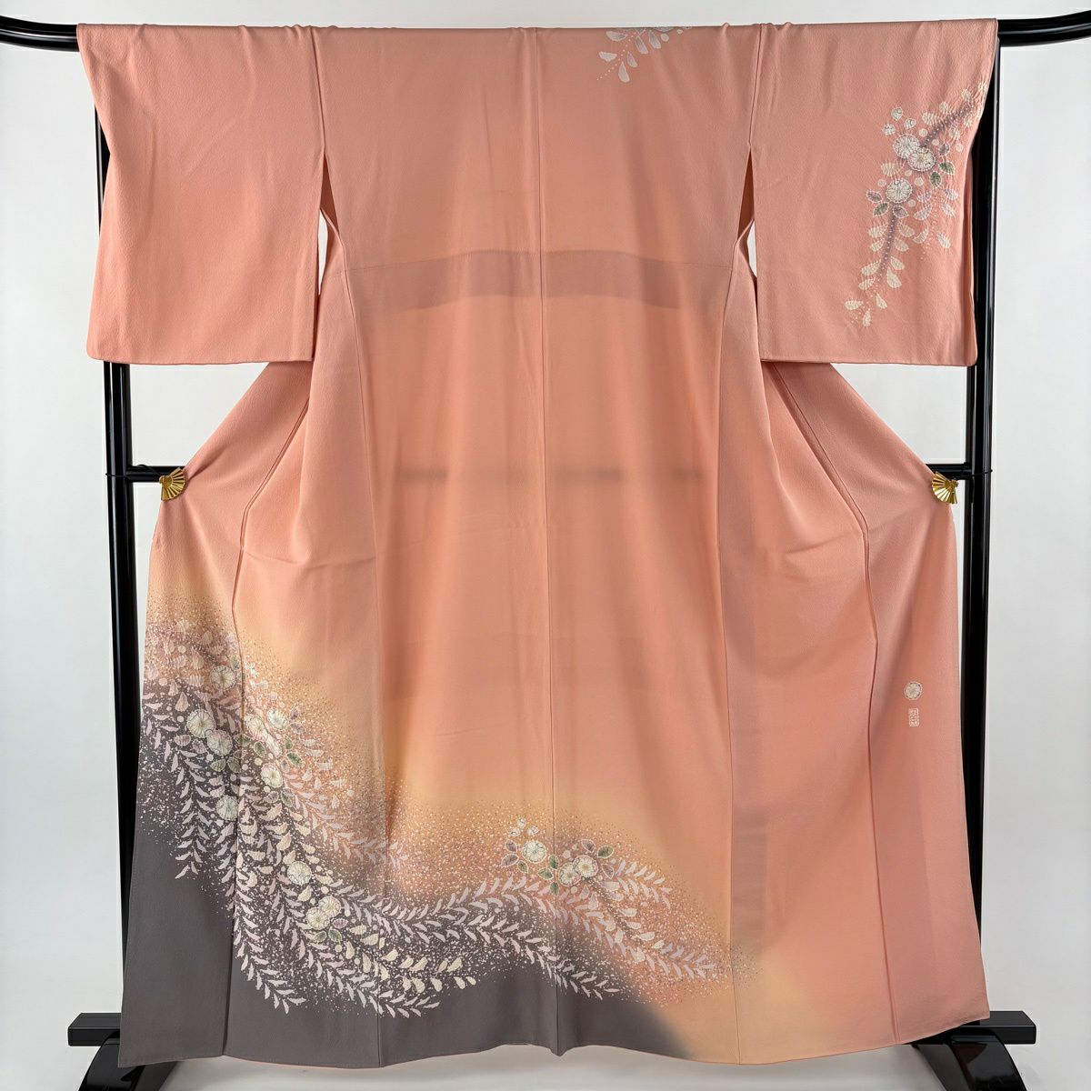 訪問服 身長161cm 袖長67.5cm L 雙層 大和 落款あり 辻花染 染分 ぼかし 鮭粉紅 純蠶絲 名品級