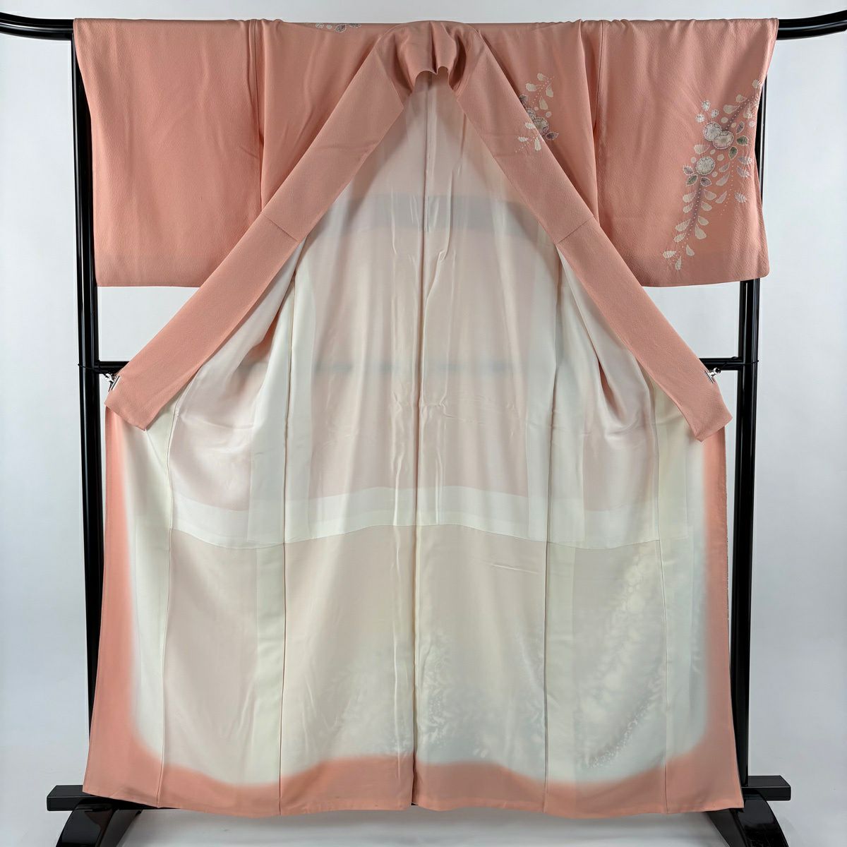 訪問服 身長161cm 袖長67.5cm L 雙層 大和 落款あり 辻花染 染分 ぼかし 鮭粉紅 純蠶絲 名品級