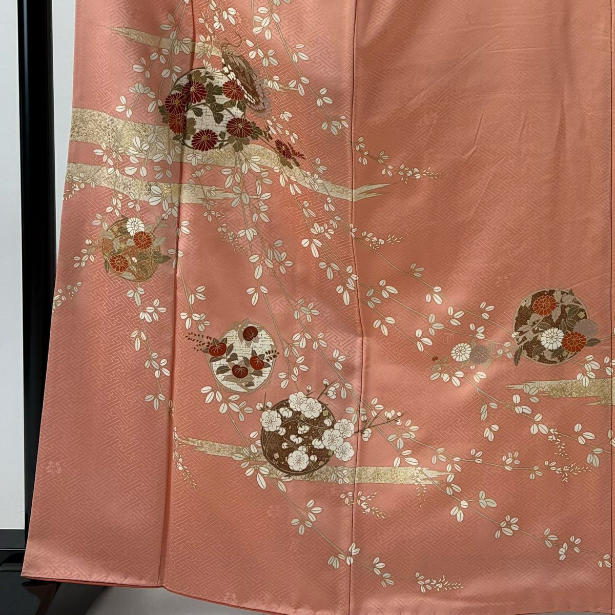 訪問服 身長163cm 袖長64cm M 雙層 吾妻德穗 落款 花丸紋 霞 金彩裝飾 鮭粉色 純蠶絲 名品級