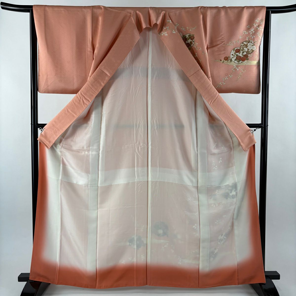 訪問服 身長163cm 袖長64cm M 雙層 吾妻德穗 落款 花丸紋 霞 金彩裝飾 鮭粉色 純蠶絲 名品級