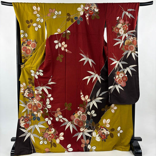 振袖禮服 身長171.5cm 袖長69cm L 雙層 花丸紋 笹 金絲 金銀彩 芥末色 純蠶絲 名品級