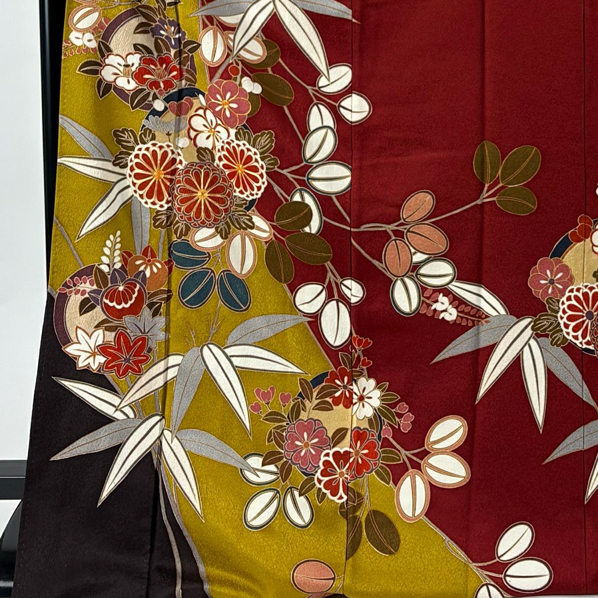 振袖禮服 身長171.5cm 袖長69cm L 雙層 花丸紋 笹 金絲 金銀彩 芥末色 純蠶絲 名品級