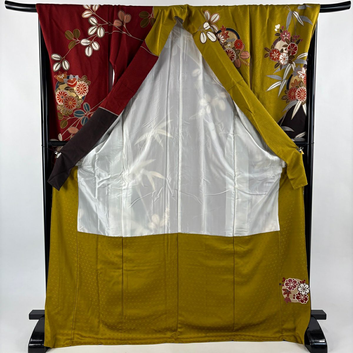 振袖禮服 身長171.5cm 袖長69cm L 雙層 花丸紋 笹 金絲 金銀彩 芥末色 純蠶絲 名品級