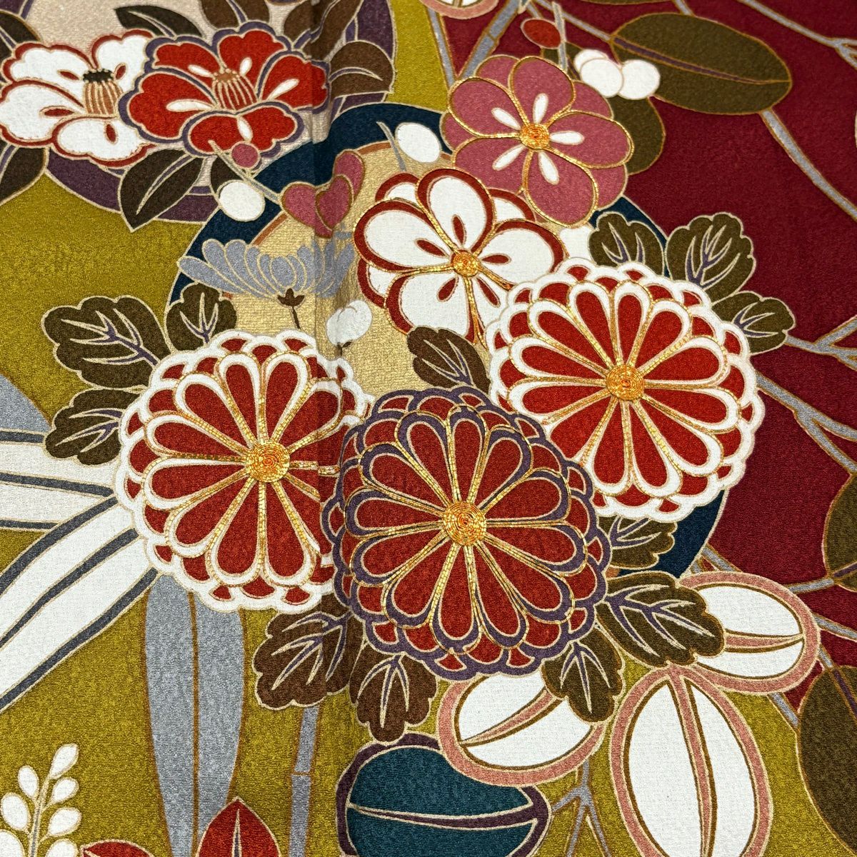 振袖禮服 身長171.5cm 袖長69cm L 雙層 花丸紋 笹 金絲 金銀彩 芥末色 純蠶絲 名品級