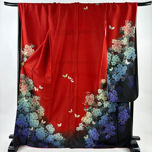 振袖禮服 身長168cm 袖長70cm L 雙層 蝶 櫻花 金通し 金銀彩 紅 純蠶絲 名品級