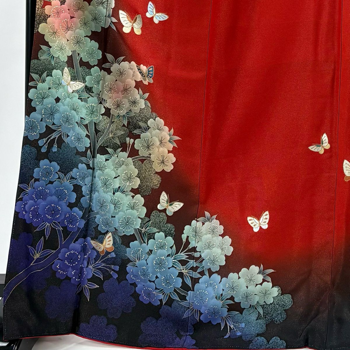 振袖禮服 身長168cm 袖長70cm L 雙層 蝶 櫻花 金通し 金銀彩 紅 純蠶絲 名品級