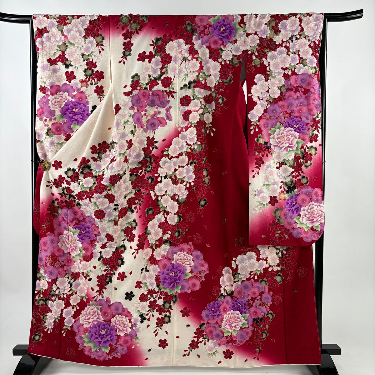 振袖禮服 身長165cm 袖長65.5cm M 雙層 牡丹 櫻花 刺繡 金金箔 奶油色 純蠶絲 名品級