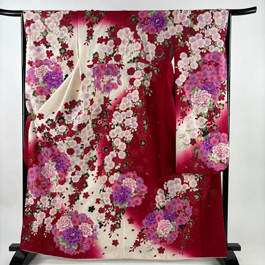 振袖禮服 身長165cm 袖長65.5cm M 雙層 牡丹 櫻花 刺繡 金金箔 奶油色 純蠶絲 名品級