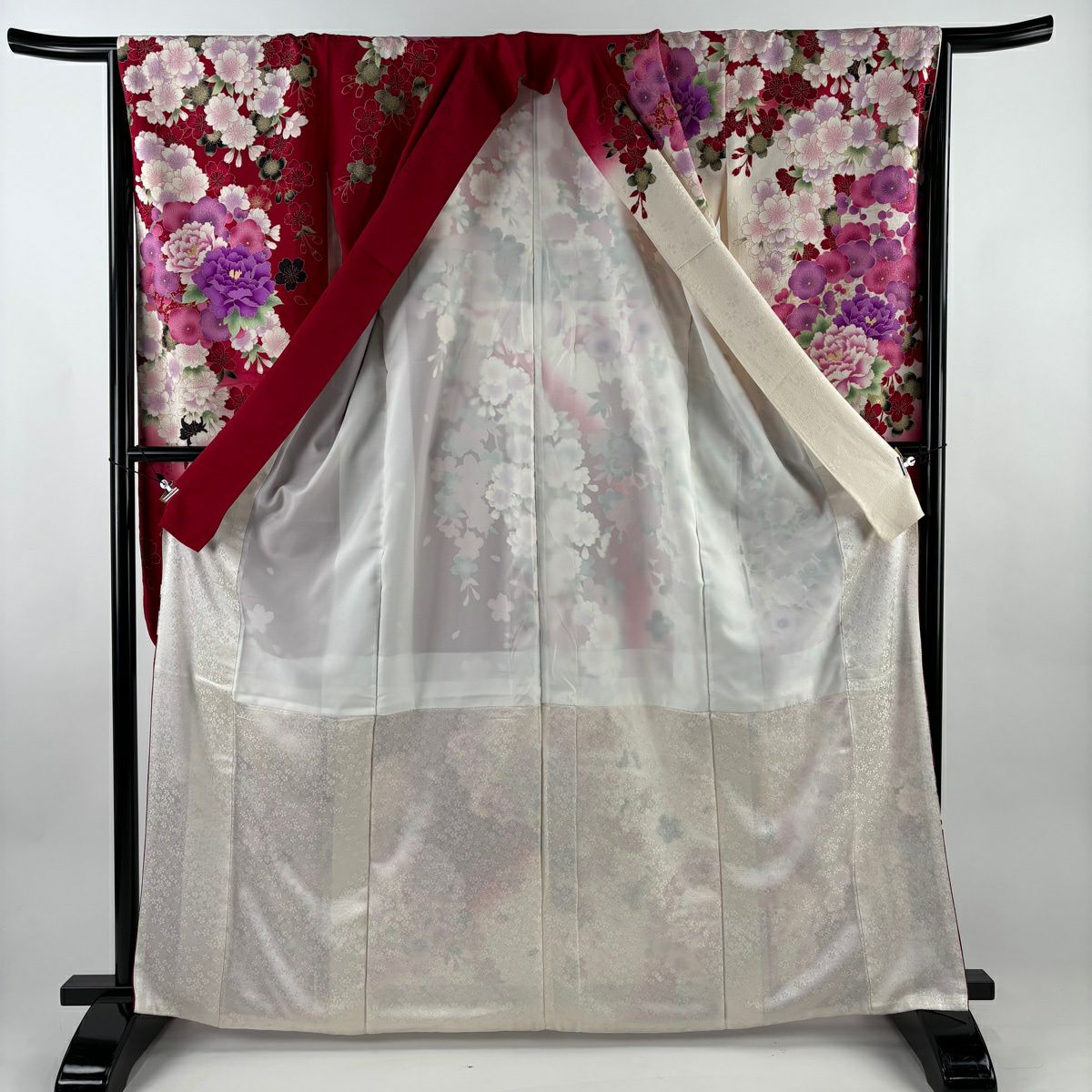 振袖禮服 身長165cm 袖長65.5cm M 雙層 牡丹 櫻花 刺繡 金金箔 奶油色 純蠶絲 名品級