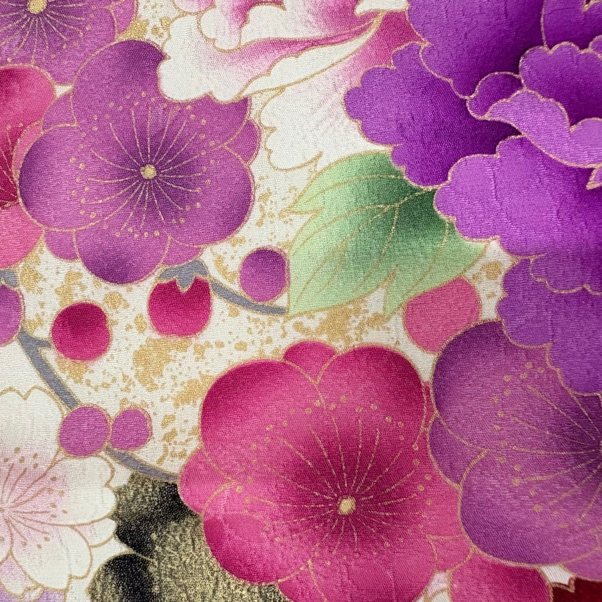 振袖禮服 身長165cm 袖長65.5cm M 雙層 牡丹 櫻花 刺繡 金金箔 奶油色 純蠶絲 名品級
