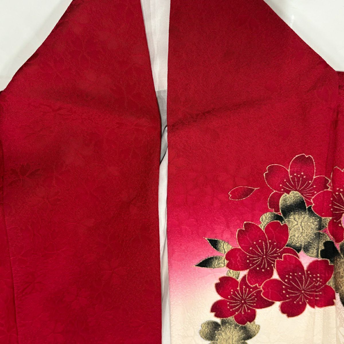 振袖禮服 身長165cm 袖長65.5cm M 雙層 牡丹 櫻花 刺繡 金金箔 奶油色 純蠶絲 名品級