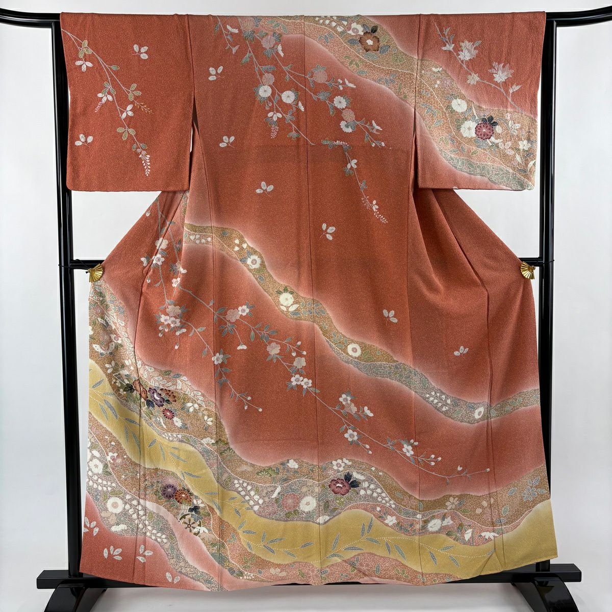 訪問服 身長159cm 袖長64cm M 雙層 花車 牡丹 絞染 金彩裝飾 朱 純蠶絲 名品級