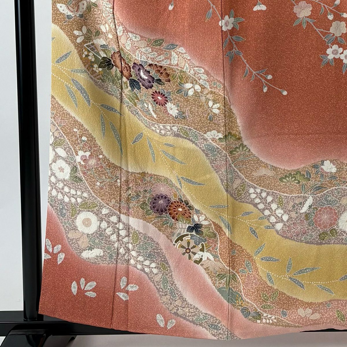 訪問服 身長159cm 袖長64cm M 雙層 花車 牡丹 絞染 金彩裝飾 朱 純蠶絲 名品級