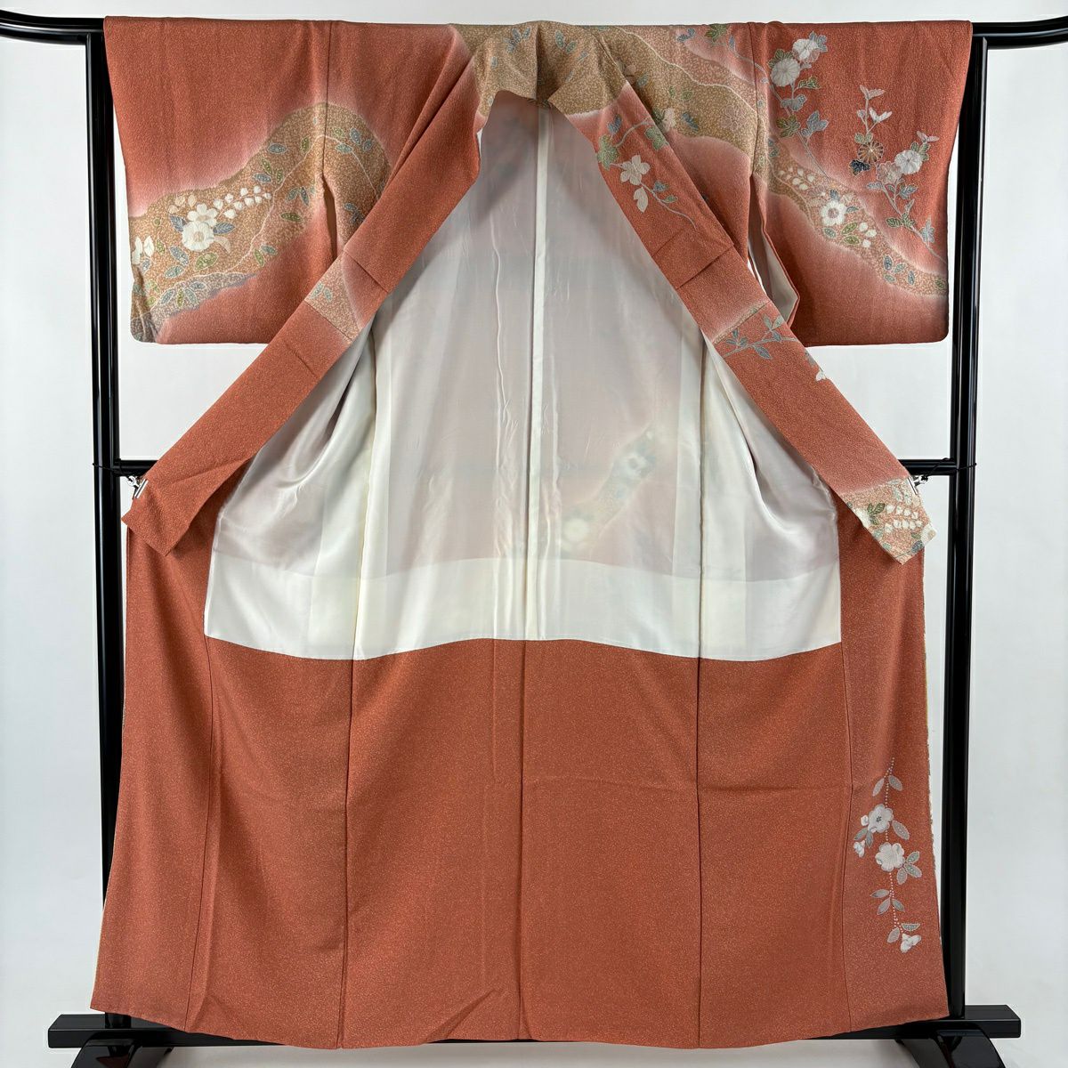 訪問服 身長159cm 袖長64cm M 雙層 花車 牡丹 絞染 金彩裝飾 朱 純蠶絲 名品級