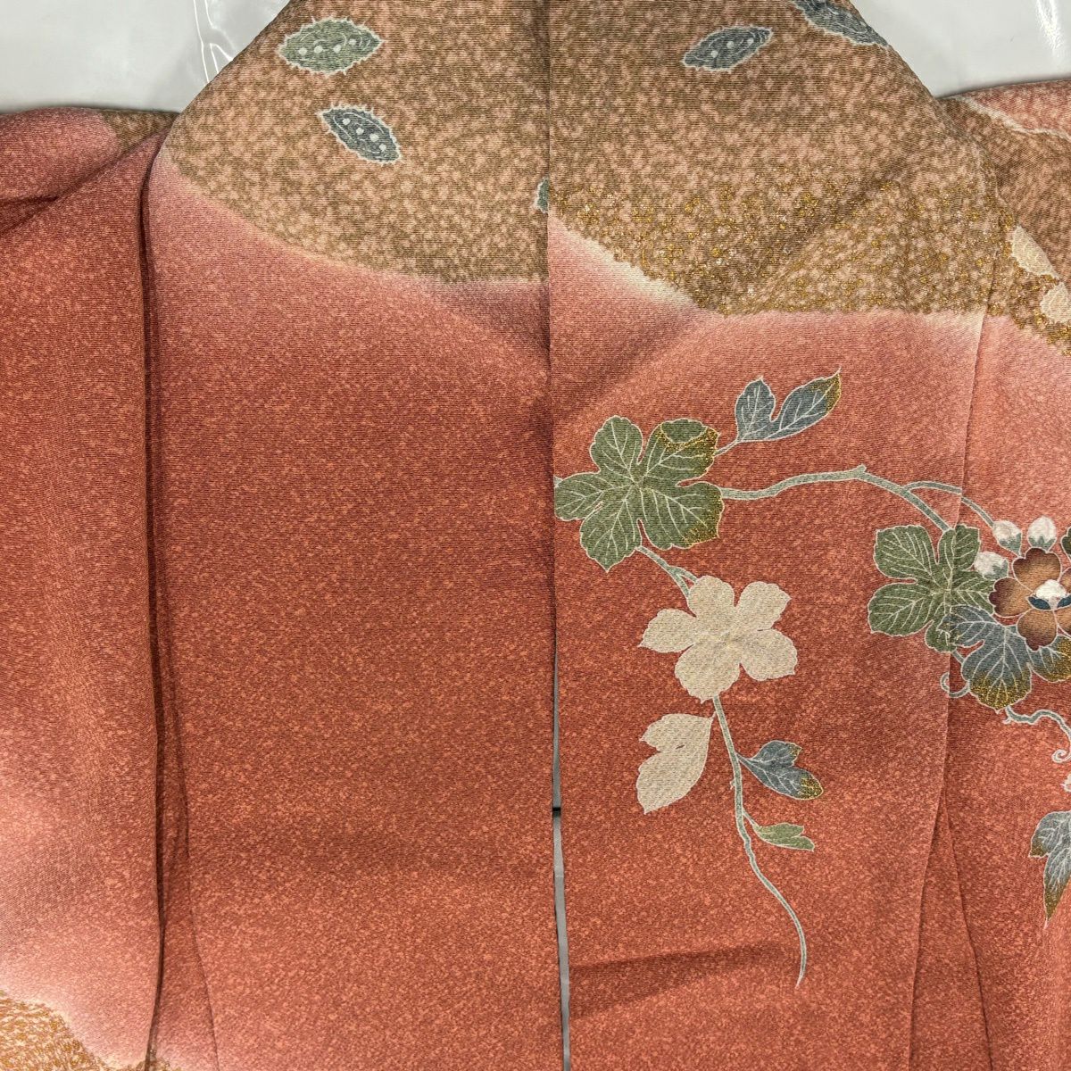 訪問服 身長159cm 袖長64cm M 雙層 花車 牡丹 絞染 金彩裝飾 朱 純蠶絲 名品級