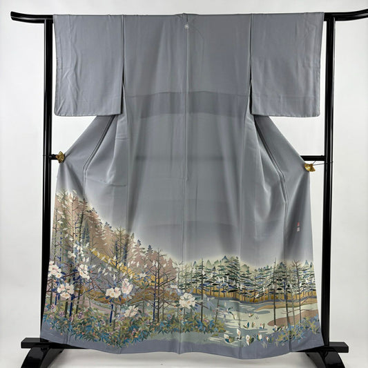色留袖禮服 身長161.5cm 袖長63cm S 雙層 松樹本健一 落款あり 樹木 草花紋染分 ぼかし 青灰 純蠶絲 名品級 一つ紋