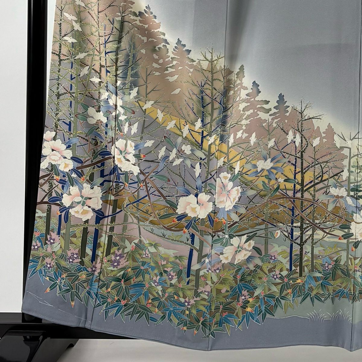 色留袖禮服 身長161.5cm 袖長63cm S 雙層 松樹本健一 落款あり 樹木 草花紋染分 ぼかし 青灰 純蠶絲 名品級 一つ紋
