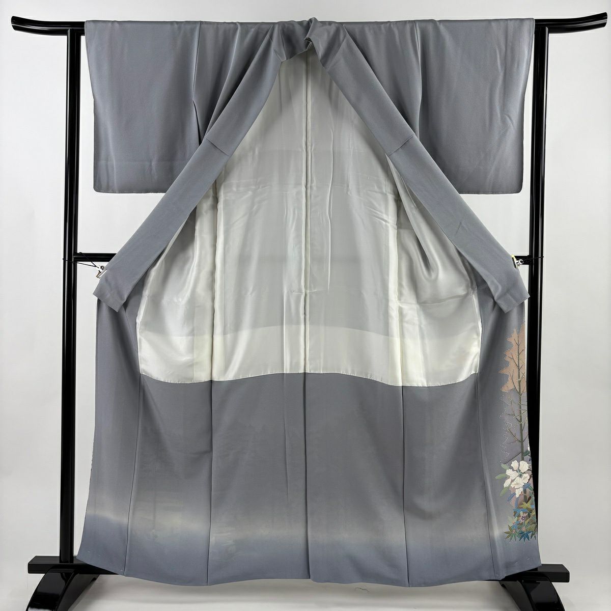 色留袖禮服 身長161.5cm 袖長63cm S 雙層 松樹本健一 落款あり 樹木 草花紋染分 ぼかし 青灰 純蠶絲 名品級 一つ紋
