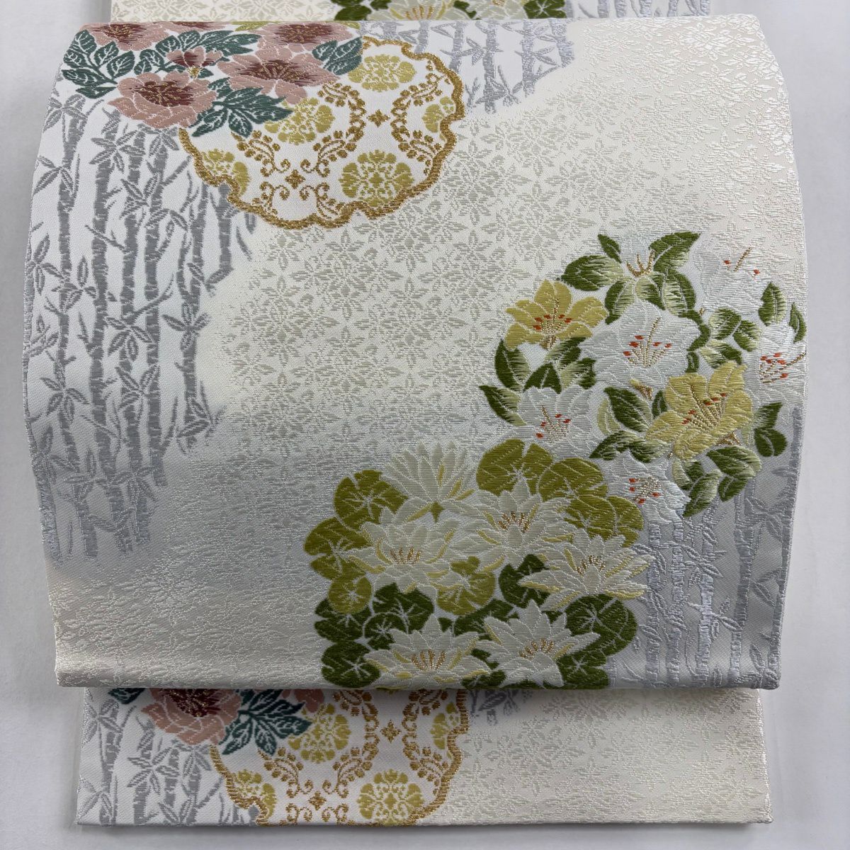 【美品】 袋帶 逸品級 枝花 雪輪 唐織 金絲 奶油 六通 純蠶絲