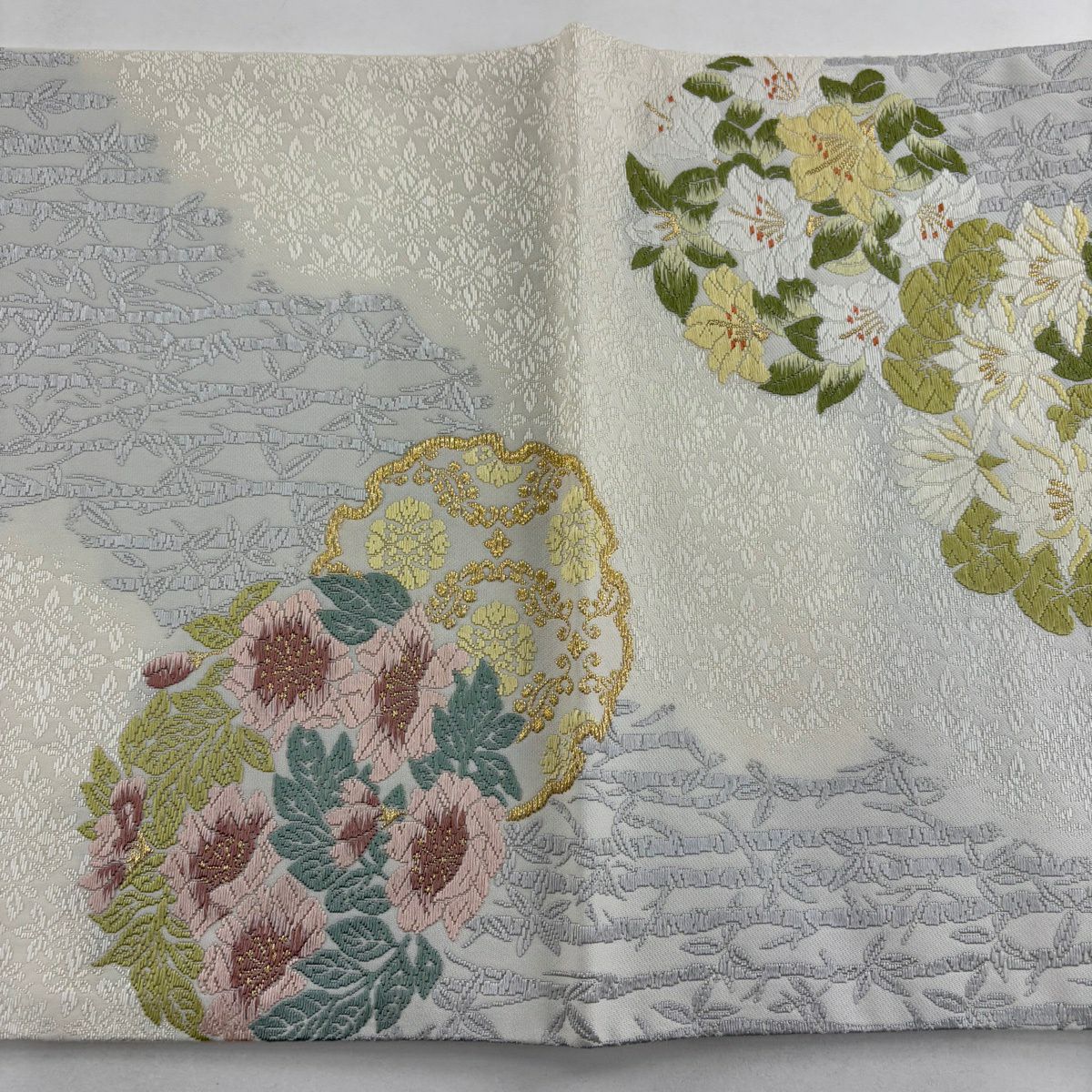 【美品】 袋帶 逸品級 枝花 雪輪 唐織 金絲 奶油 六通 純蠶絲