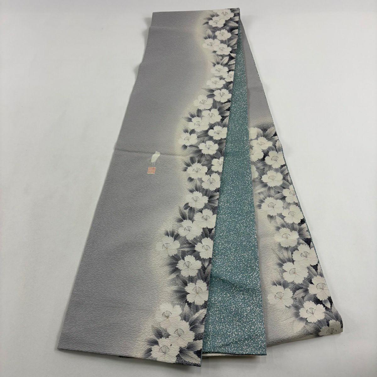 【美品】 袋帶 逸品級 菅有鬼一 落款 草花紋 金銀彩 灰 六通 純蠶絲