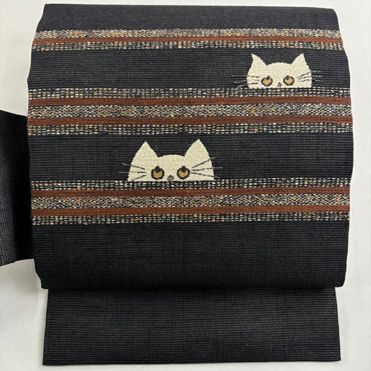 【美品】名古屋帶 逸品級 夏帶 貓圖案 條紋 刺繡 金彩裝飾 黑灰 純蠶絲