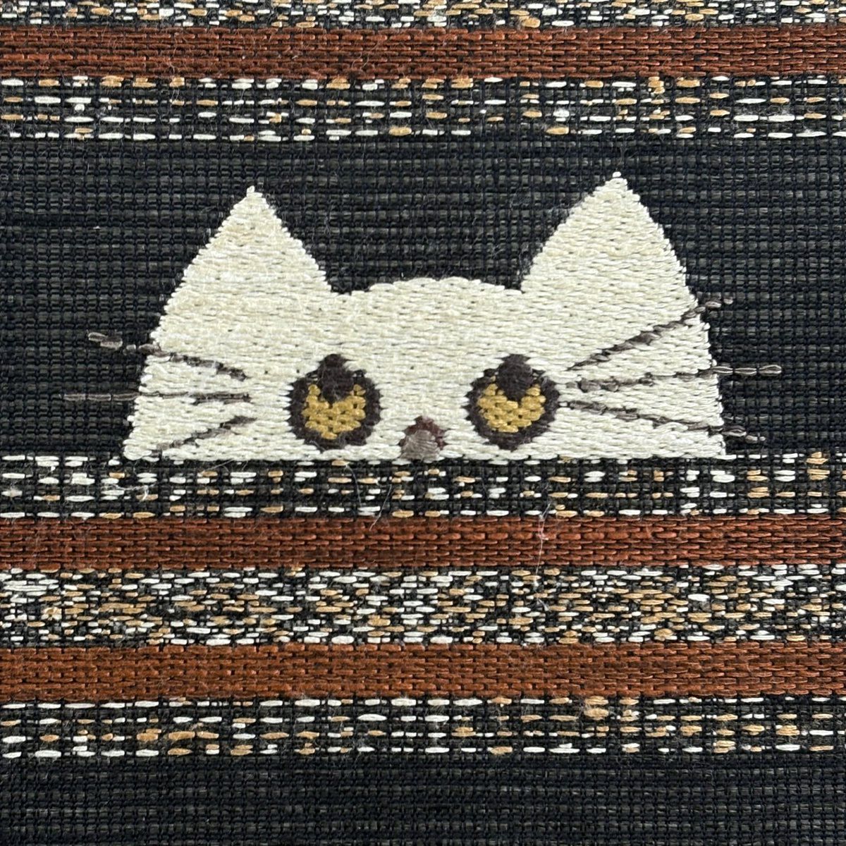 【美品】名古屋帶 逸品級 夏帶 貓圖案 條紋 刺繡 金彩裝飾 黑灰 純蠶絲