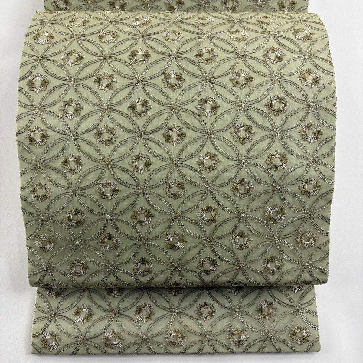 【美品】 袋帶 逸品級 七寶紋 花 刺繡 灰綠 全通 純蠶絲