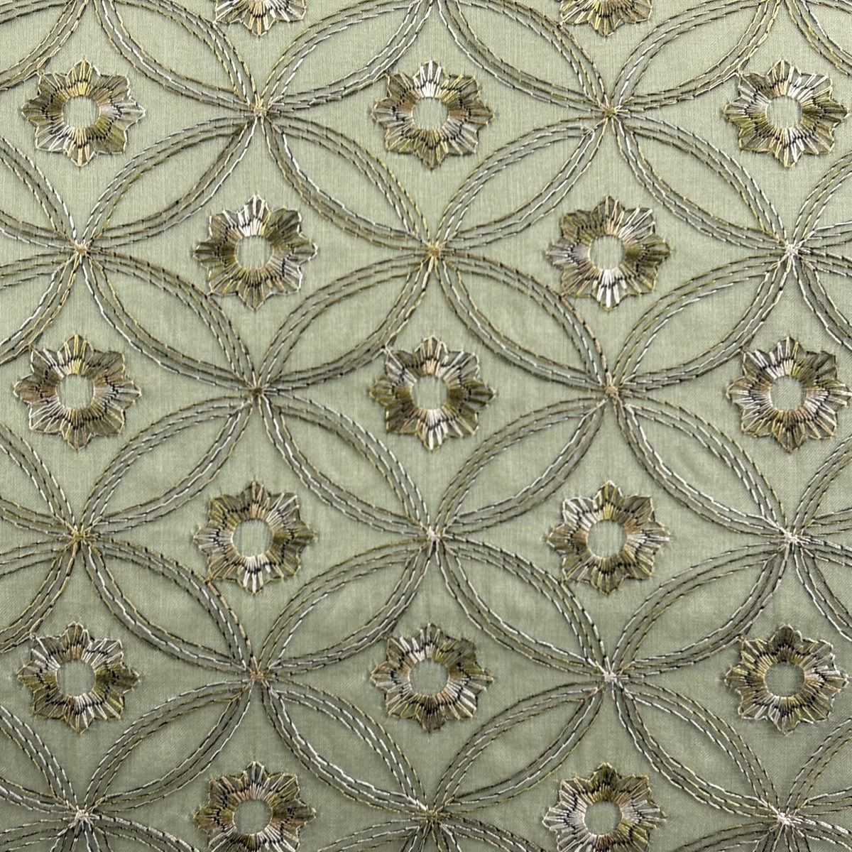【美品】 袋帶 逸品級 七寶紋 花 刺繡 灰綠 全通 純蠶絲