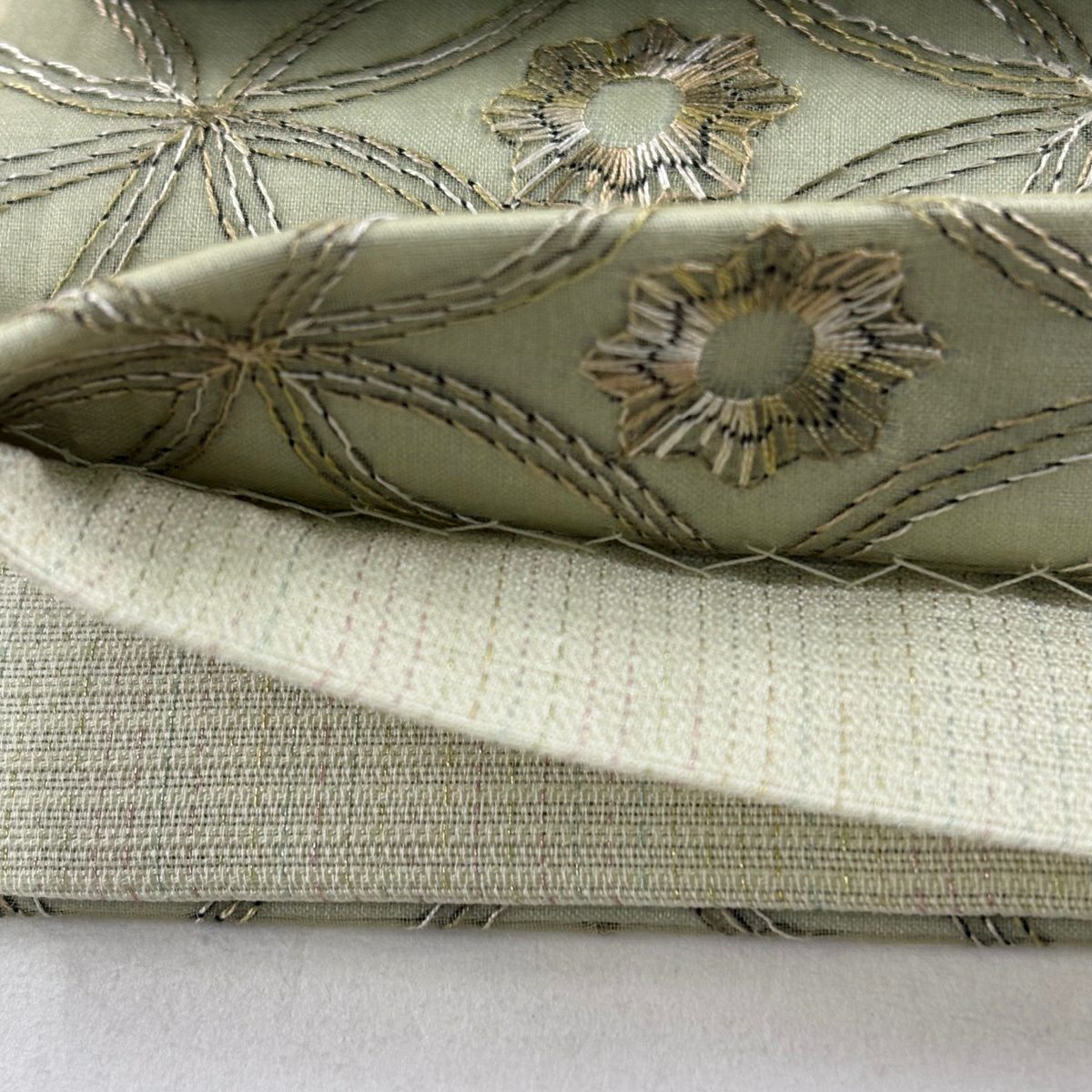 【美品】 袋帶 逸品級 七寶紋 花 刺繡 灰綠 全通 純蠶絲