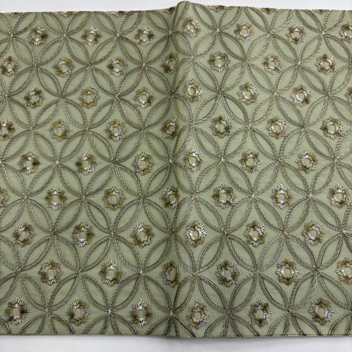 【美品】 袋帶 逸品級 七寶紋 花 刺繡 灰綠 全通 純蠶絲