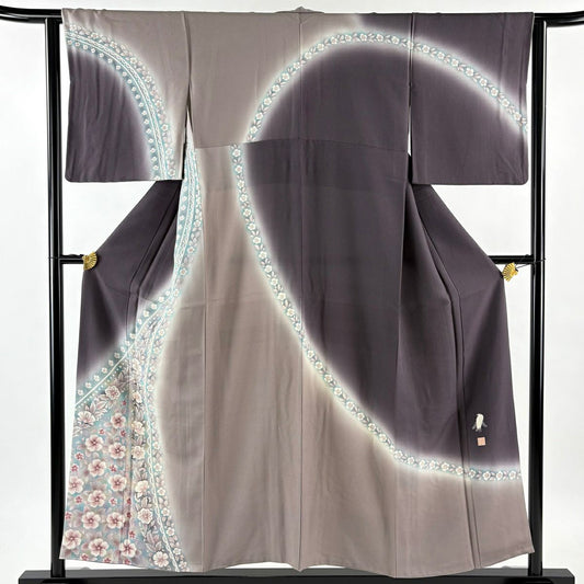 訪問服 身長153.5cm 袖長62.5cm S 雙層 菅有鬼一 落款あり 櫻花 草花紋紋 金銀彩 染分 濃紫 純蠶絲 逸品級